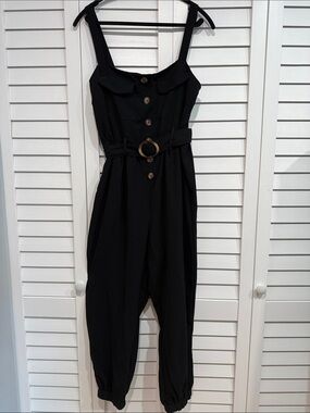 As U Wish Black Button-Front Jumpsuit with Round Buckle Belt